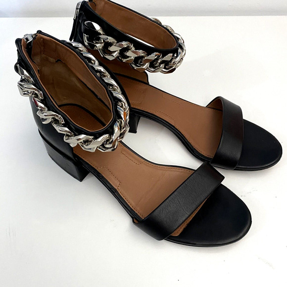 Givenchy Sandal Leather Chain Ankle Strap Black Open Toe Low Block Heel … - Picture 2 of 10